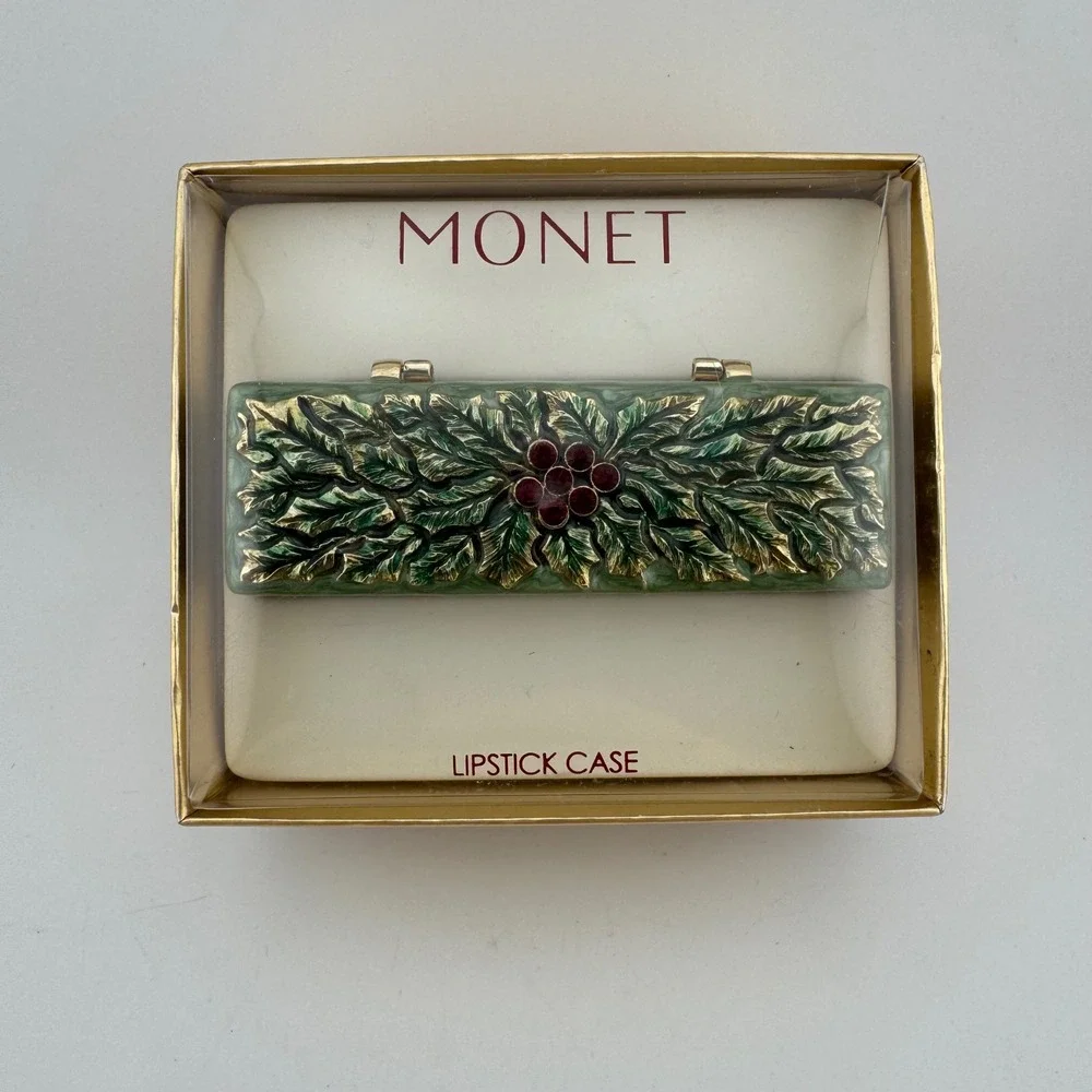 Monet Lipstick Case Green New Holly Berries Enamel Vintage MNRUK258